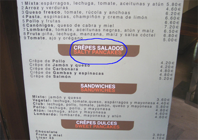 A menu offering 'salty pancakes' 